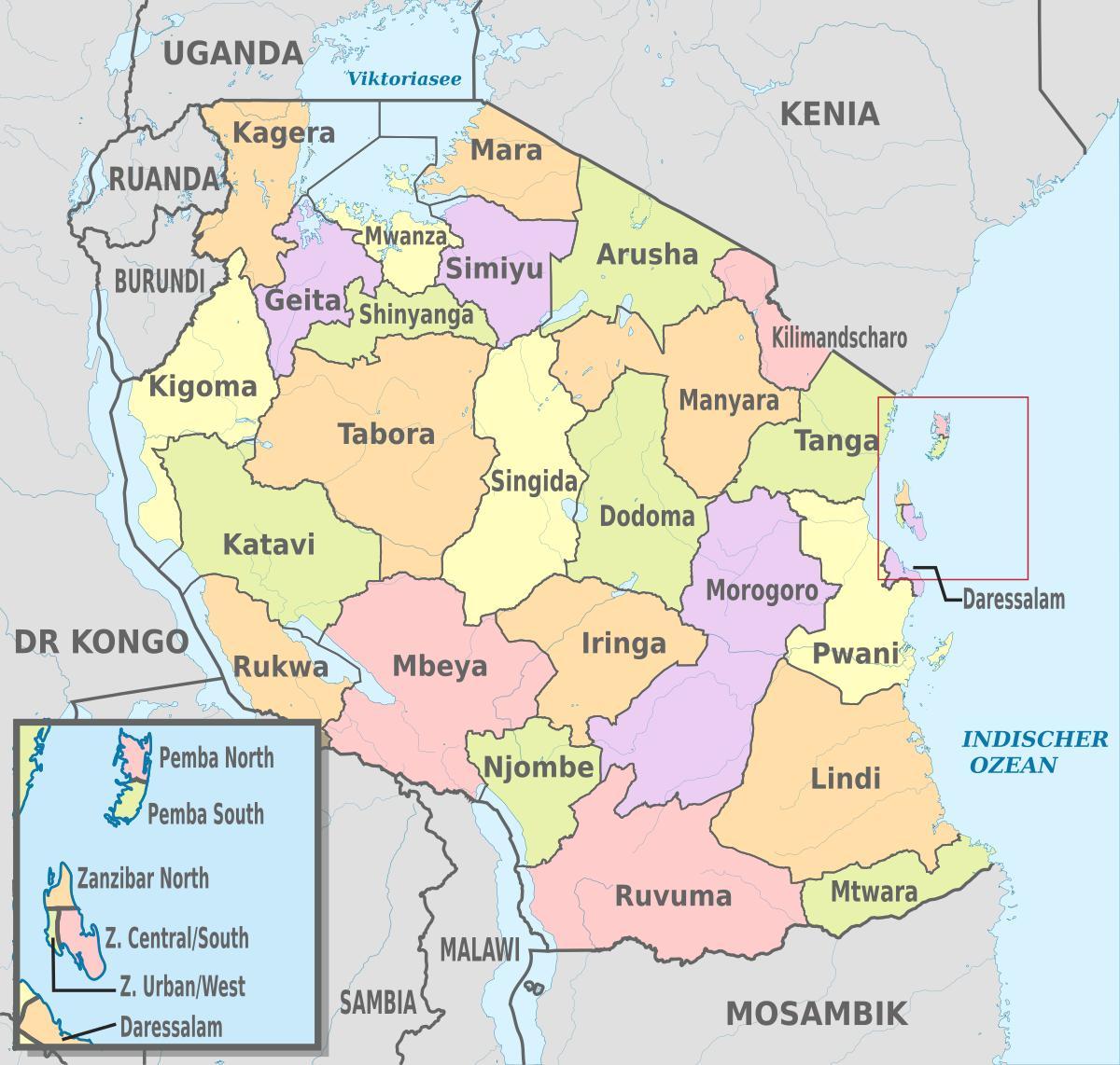 kaart van tanzania tonen van regio ' s en districten