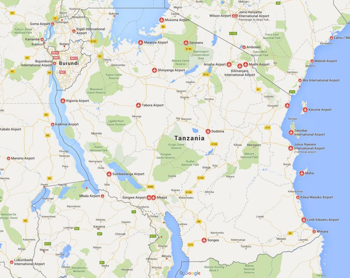 Kaart van tanzania luchthavens 