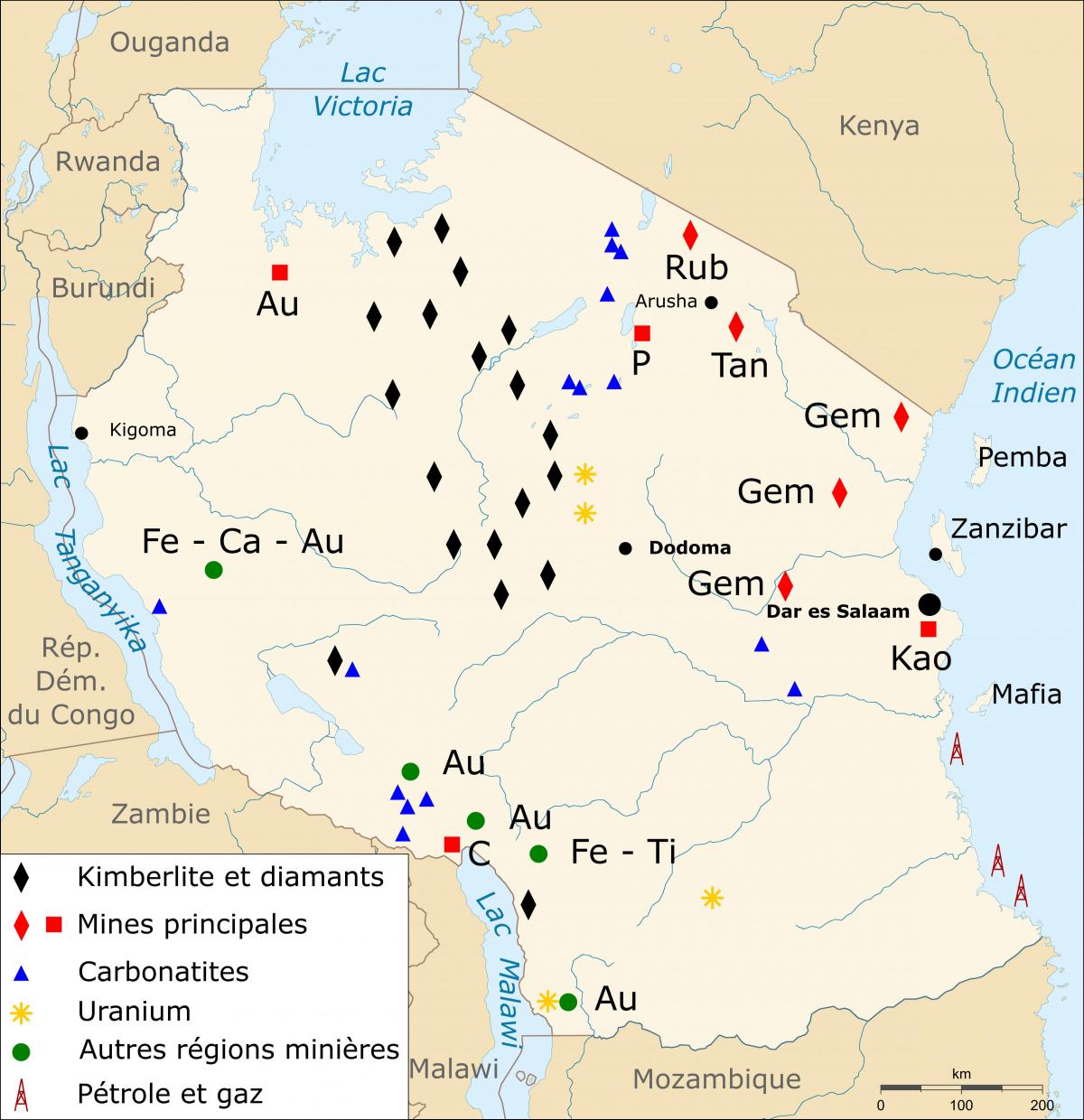 Kaart van tanzania natuurlijke hulpbronnen