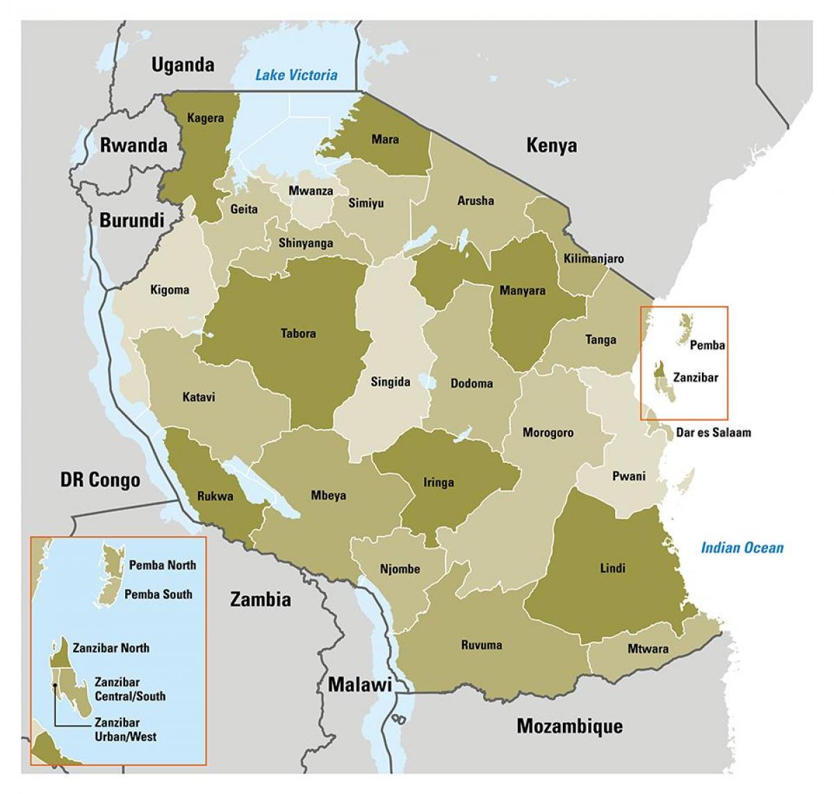 kaart van tanzania tonen van regio ' s