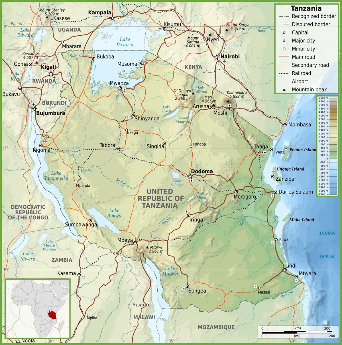 Kaart van de weg tanzania met afstanden