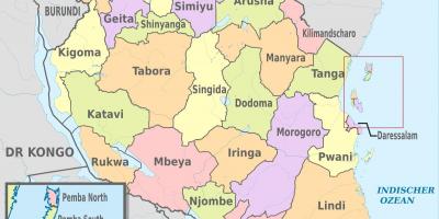 Kaart van tanzania tonen van regio ' s en districten