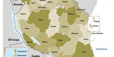 Kaart van tanzania tonen van regio ' s